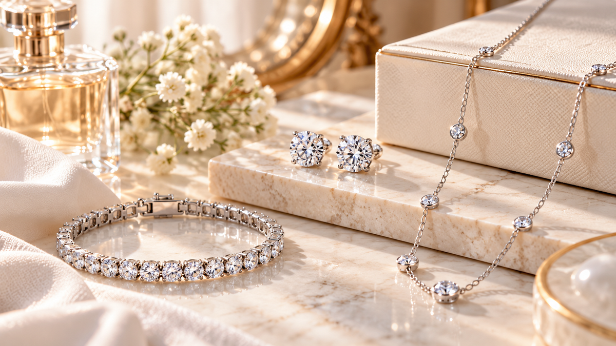 Elegant moissanite jewelry styling with layered sterling silver necklaces, earrings, and bracelets for a cohesive everyday look.