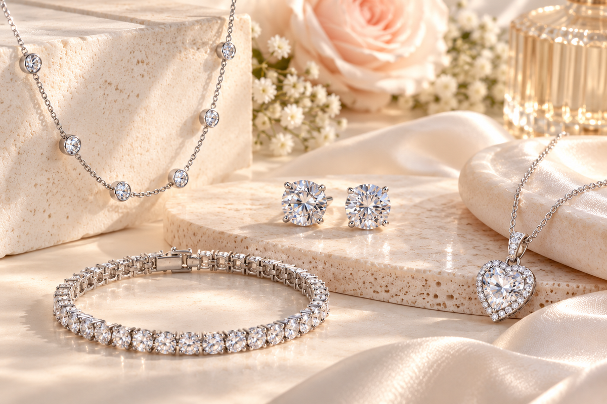 Moissanite capsule jewelry collection featuring sterling silver necklaces, earrings, and bracelets by Leonren