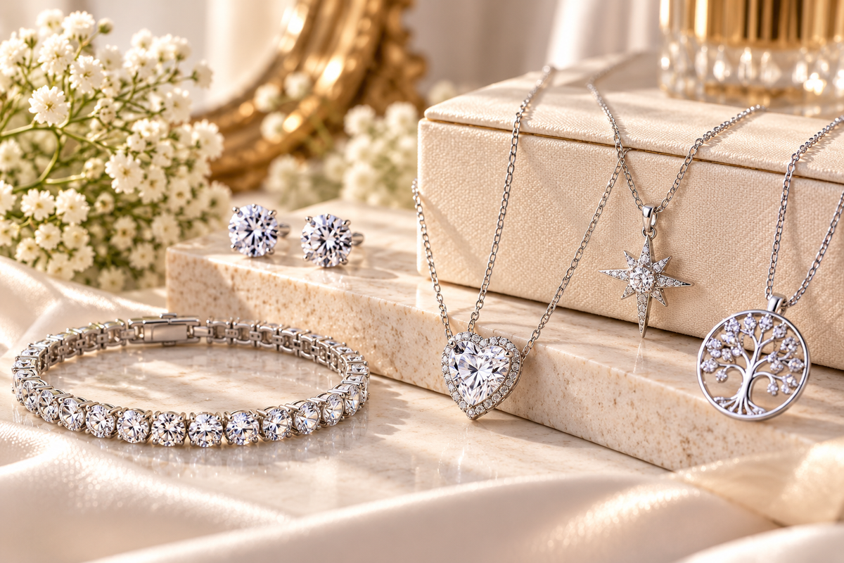 Sterling silver moissanite jewelry featuring a heart pendant, star necklace, Tree of Life pendant, sparkling stud earrings, and tennis bracelet.