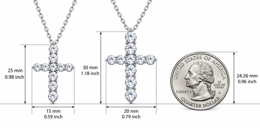 LEONREN sterling silver moissanite cross necklaces in 1.1ct and 2.2ct sizes, measuring 25 × 15 mm and 30 × 20 mm, compared with a US quarter coin for scale.