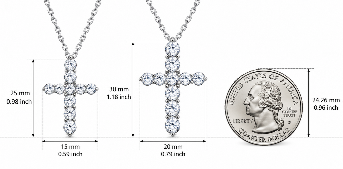 LEONREN sterling silver moissanite cross necklaces in 1.1ct and 2.2ct sizes, measuring 25 × 15 mm and 30 × 20 mm, compared with a US quarter coin for scale.