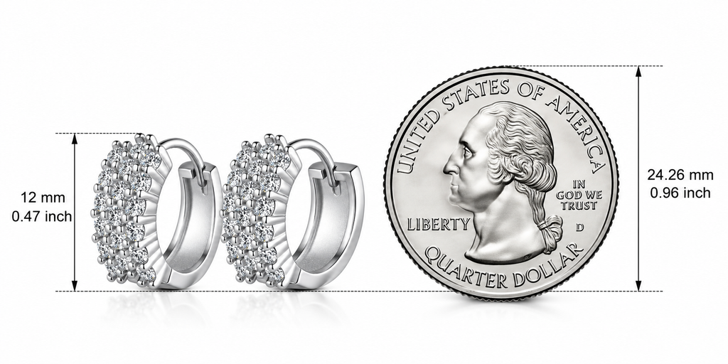LEONREN S925 sterling silver pavé moissanite huggie hoop earrings measuring 12 mm, shown next to a US quarter coin for scale.