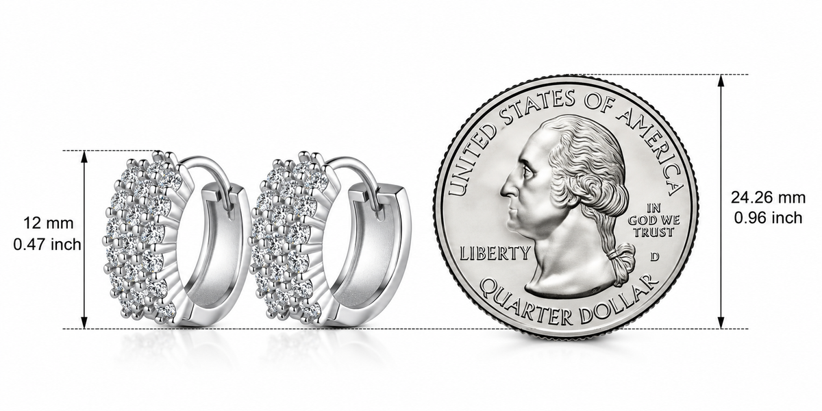 LEONREN S925 sterling silver pavé moissanite huggie hoop earrings measuring 12 mm, shown next to a US quarter coin for scale.