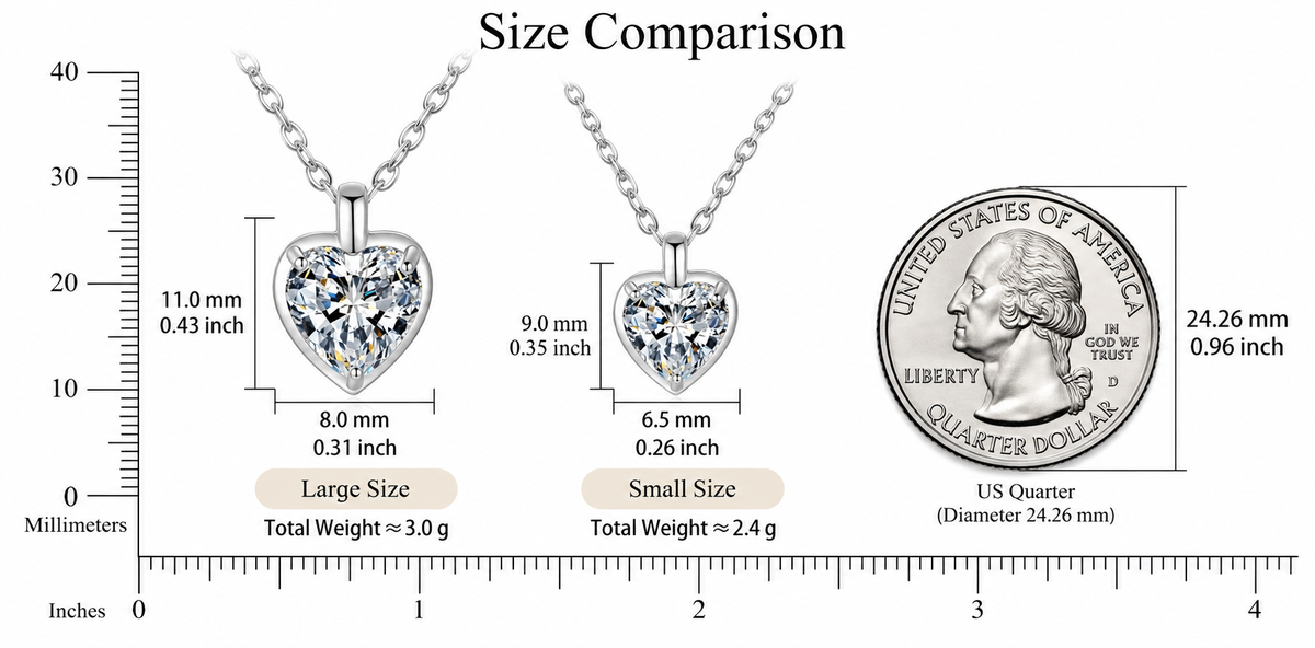 LEONREN Amour Heart moissanite necklaces in sterling silver, comparing 8 mm and 6.5 mm heart-shaped stones with a US quarter coin for size reference.