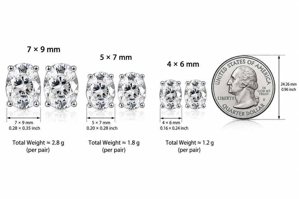 LEONREN oval-cut moissanite stud earrings in sterling silver, comparing three stone sizes: 7 × 9 mm, 5 × 7 mm, and 4 × 6 mm, beside a US quarter coin for scale.