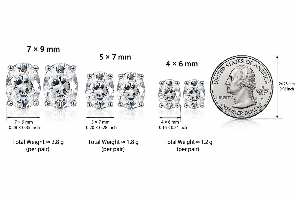 LEONREN oval-cut moissanite stud earrings in sterling silver, comparing three stone sizes: 7 × 9 mm, 5 × 7 mm, and 4 × 6 mm, beside a US quarter coin for scale.