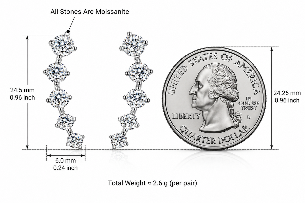 LEONREN sterling silver five-stone moissanite curved drop earrings, measuring 24.5 mm long and 6 mm wide, shown beside a US quarter coin for size comparison.