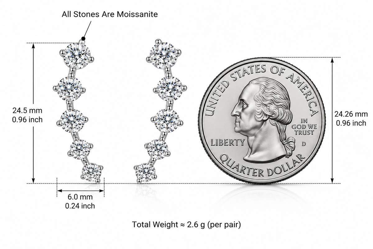 LEONREN sterling silver five-stone moissanite curved drop earrings, measuring 24.5 mm long and 6 mm wide, shown beside a US quarter coin for size comparison.