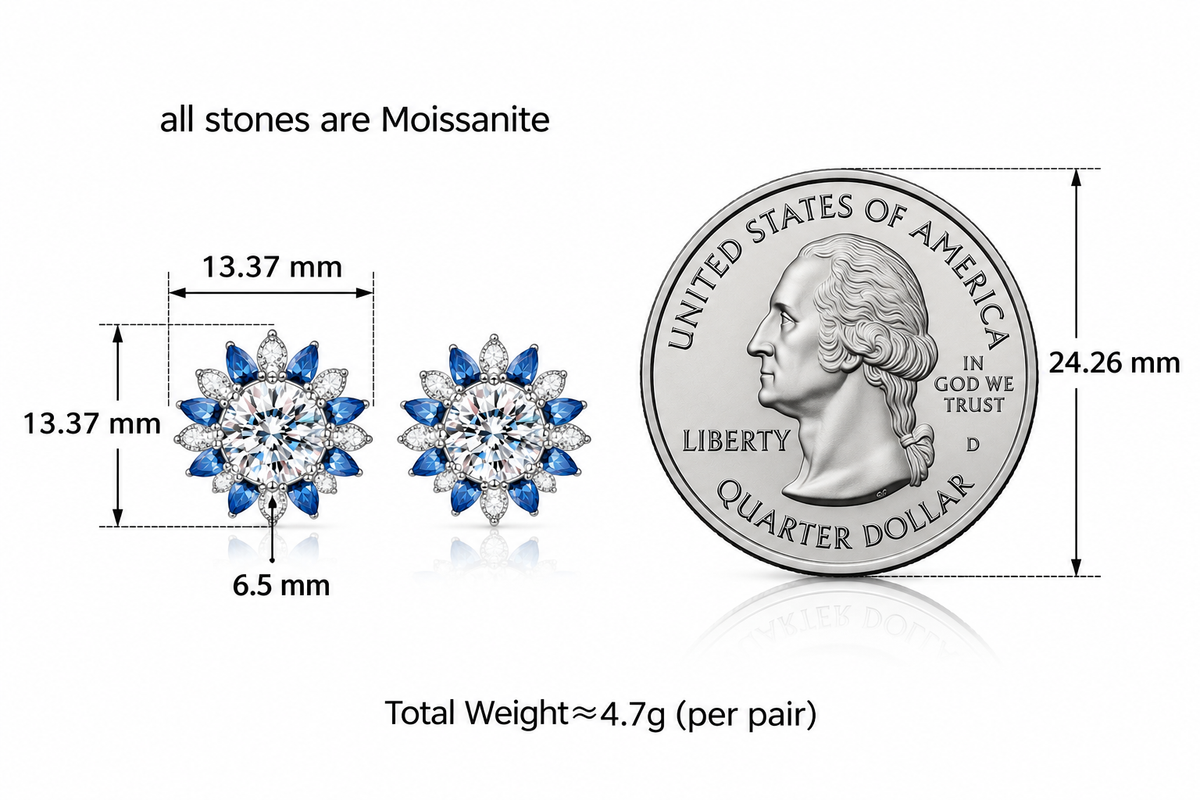 LEONREN blue and white floral moissanite stud earrings with 6.5 mm center stones and 13.37 × 13.37 mm overall dimensions, compared with a US quarter coin.