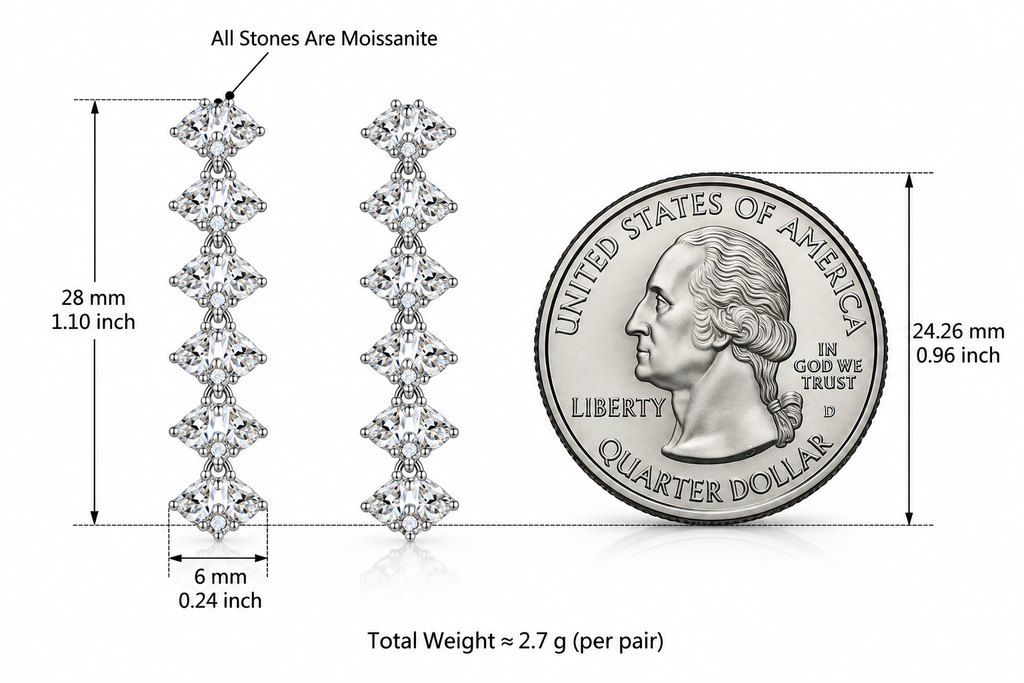 LEONREN sterling silver moissanite geometric drop earrings with six linked sparkling stone clusters, measuring 28 mm long and 6 mm wide, shown beside a US quarter coin for size comparison.