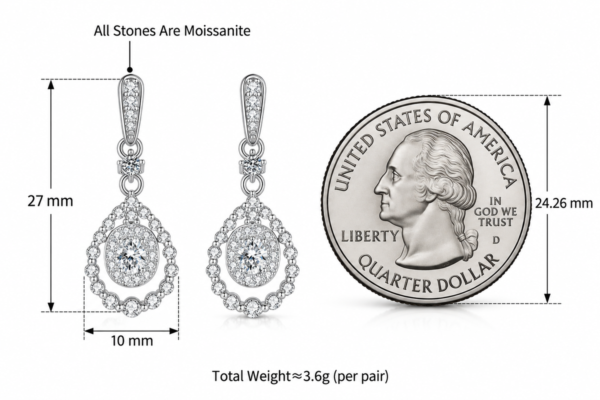 LEONREN sterling silver moissanite oval halo drop earrings measuring 27 mm long and 10 mm wide, compared with a 24.26 mm US quarter coin for scale.
