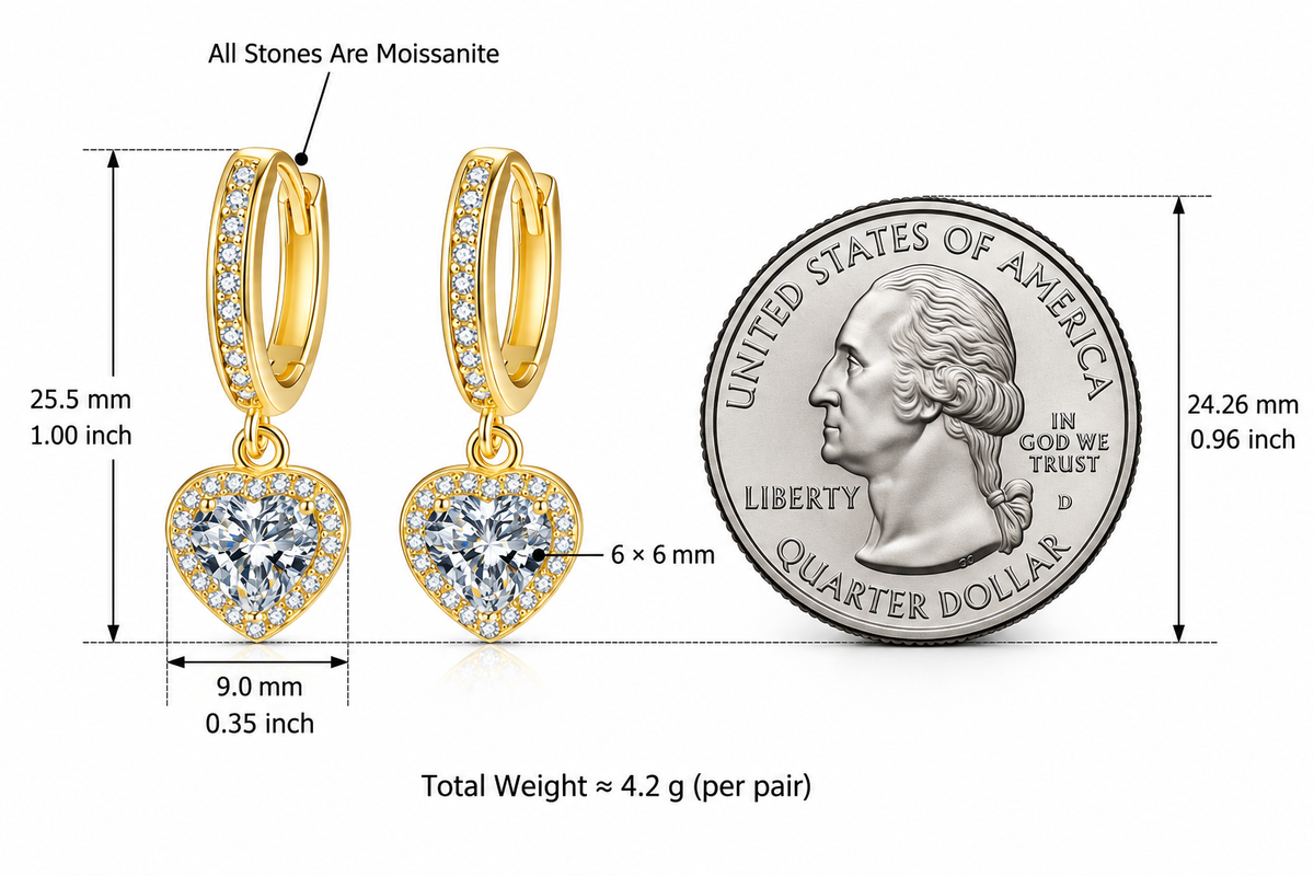 LEONREN gold-tone moissanite heart drop hoop earrings with 6 mm heart-shaped center stones, measuring 25.5 mm long and 9 mm wide, shown beside a US quarter coin for scale.