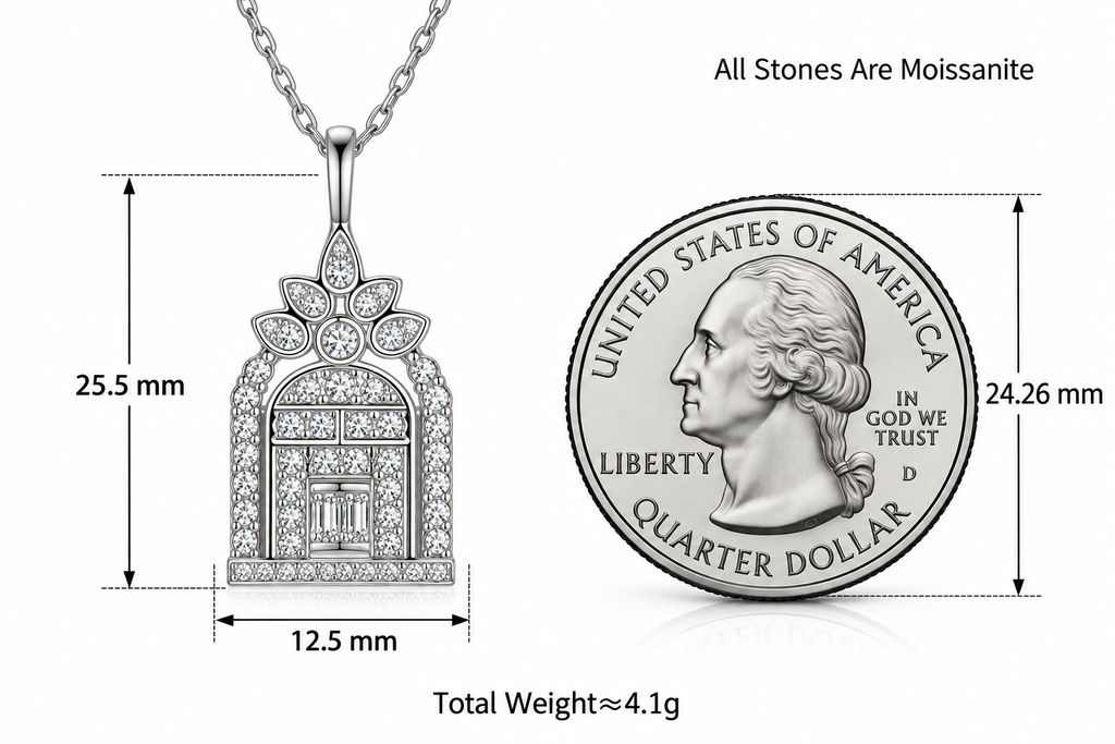 LEONREN sterling silver moissanite ornate doorway pendant necklace, measuring 25.5 mm tall and 12.5 mm wide, shown beside a US quarter coin for size comparison.