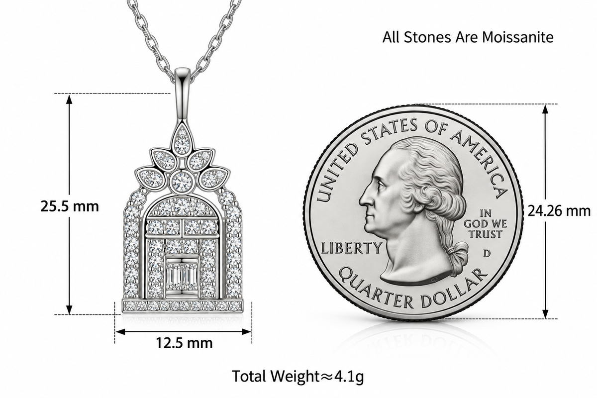 LEONREN sterling silver moissanite ornate doorway pendant necklace, measuring 25.5 mm tall and 12.5 mm wide, shown beside a US quarter coin for size comparison.