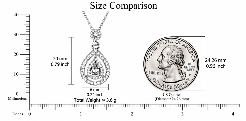 LEONREN sterling silver moissanite teardrop pendant necklace with a 4 × 6 mm pear-shaped center stone, shown next to a US quarter coin for size comparison.