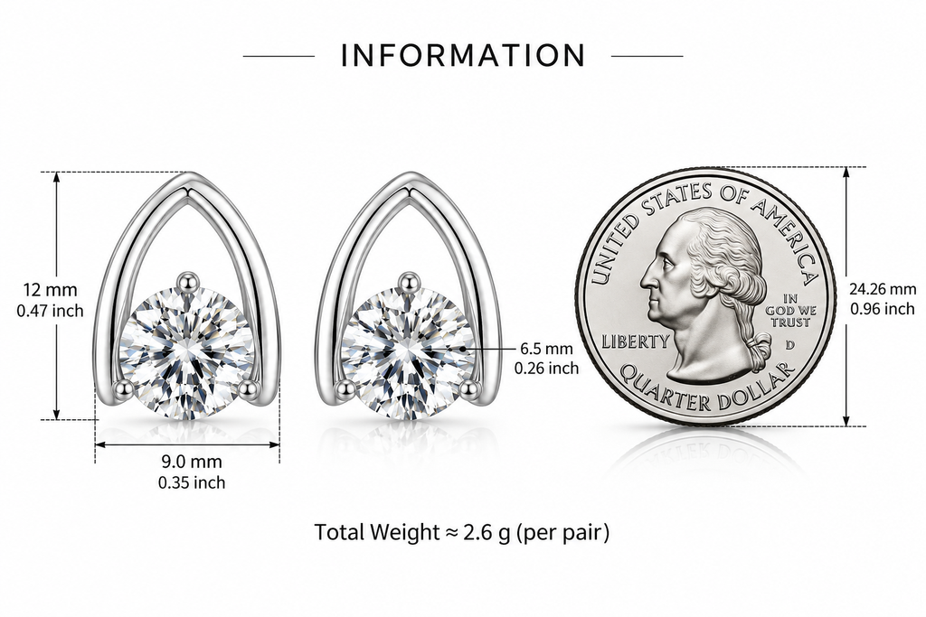 LEONREN sterling silver moissanite stud earrings with an elegant open V-shaped setting, measuring 12 mm tall and 9 mm wide with 6.5 mm center stones, shown beside a US quarter coin for scale.