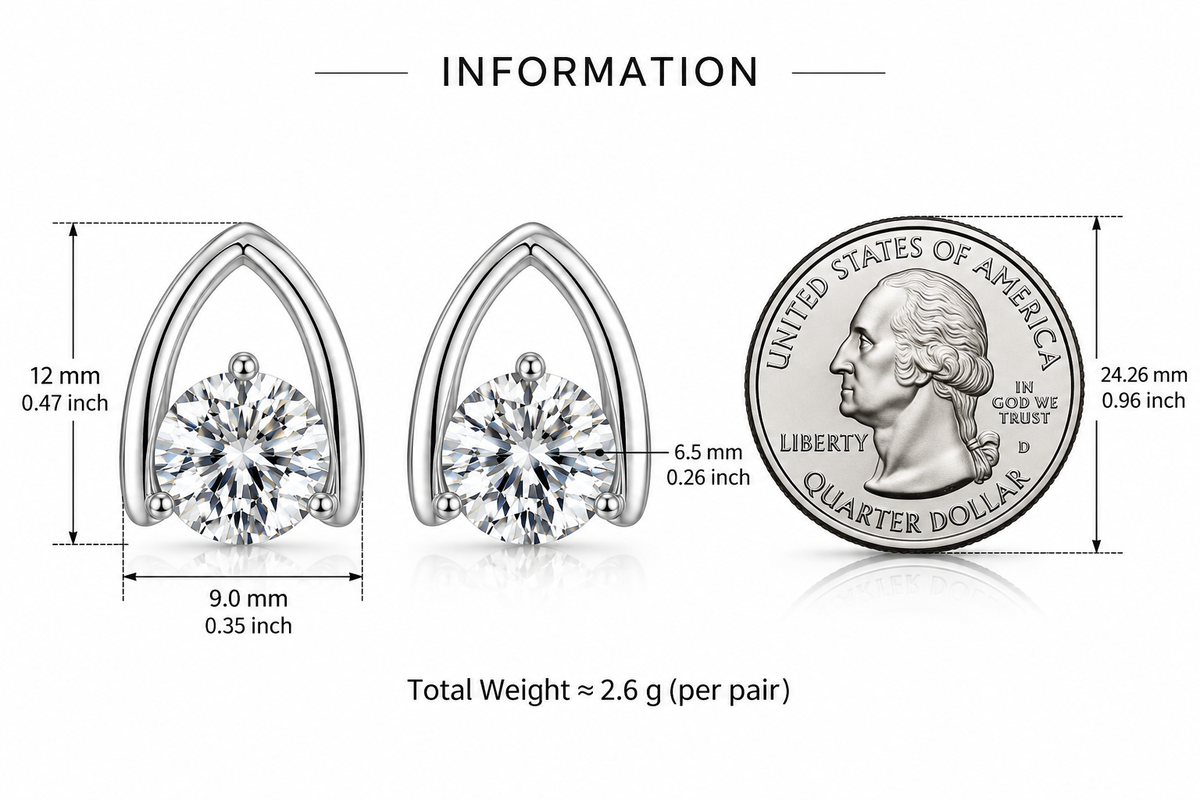 LEONREN sterling silver moissanite stud earrings with an elegant open V-shaped setting, measuring 12 mm tall and 9 mm wide with 6.5 mm center stones, shown beside a US quarter coin for scale.