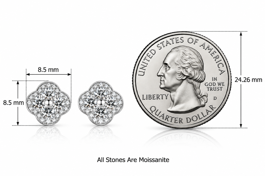 LEONREN sterling silver four-leaf clover moissanite stud earrings measuring 8.5 × 8.5 mm, compared with a 24.26 mm US quarter coin to illustrate their size.