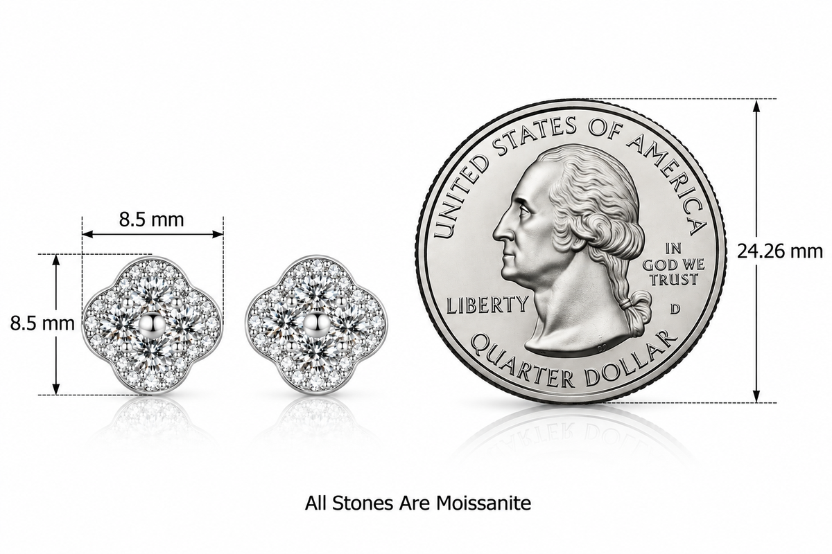 LEONREN sterling silver four-leaf clover moissanite stud earrings measuring 8.5 × 8.5 mm, compared with a 24.26 mm US quarter coin to illustrate their size.