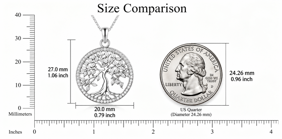 LEONREN sterling silver Tree of Life necklace size comparison with a US quarter coin, showing pendant dimensions of 27 mm by 20 mm.