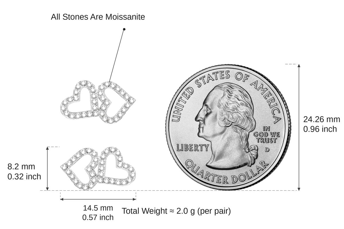 Heart-to-Heart Moissanite Studs size guide — shown true to scale beside a US quarter (24.26 mm): studs measure 14.5 mm × 8.2 mm, total weight approx. 2.0 g per pair - LEONREN Jewelry