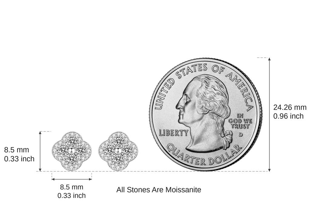 Lucky Clover Moissanite Studs size guide — shown true to scale beside a US quarter (24.26 mm): studs measure 8.5 mm × 8.5 mm, total weight approx. 3.5 g per pair - LEONREN Jewelry