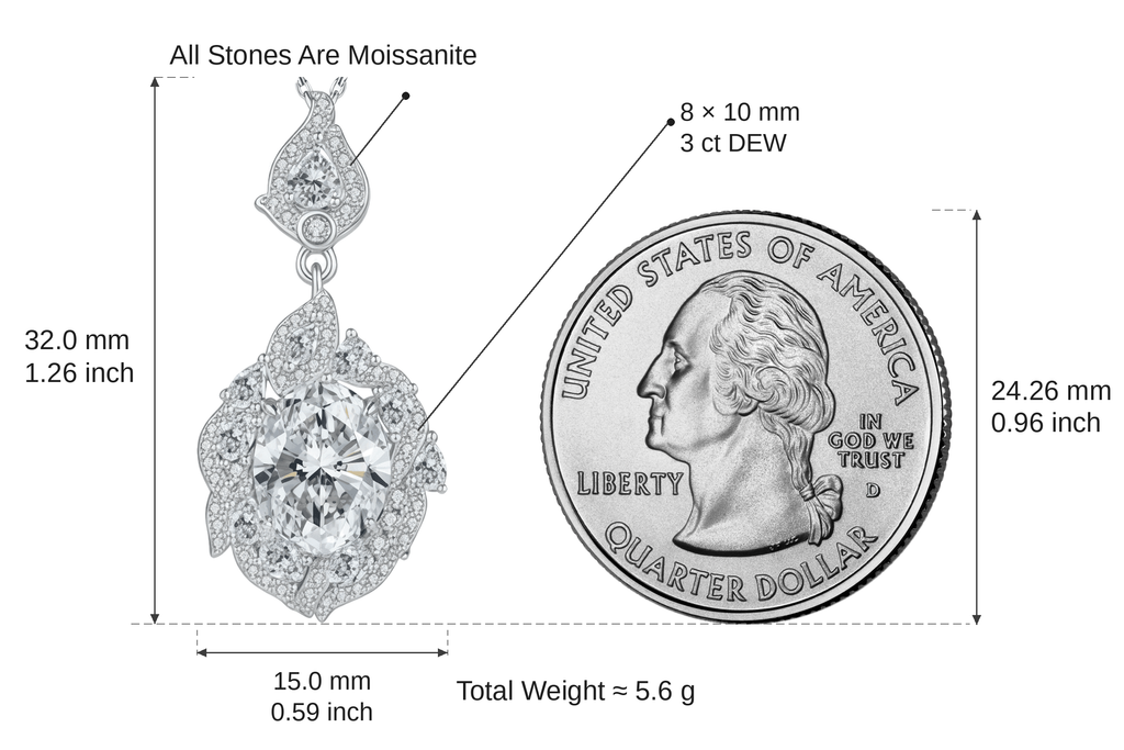 Marquise Halo Oval Necklace - 3ct DEW size guide — pendant shown true to scale beside a US quarter (24.26 mm): pendant measures 32.0 mm × 15.0 mm, oval center moissanite 8 × 10 mm (3 ct DEW), total weight approx. 5.6 g - LEONREN Jewelry