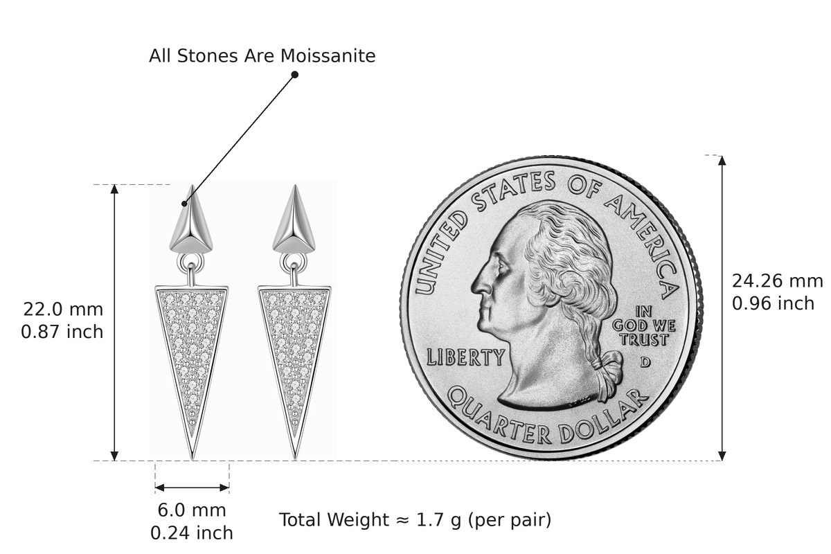 Triangle Pavé Drop Earrings size guide — shown true to scale beside a US quarter (24.26 mm): earrings measure 22.0 mm × 6.0 mm, total weight approx. 1.7 g per pair - LEONREN Jewelry