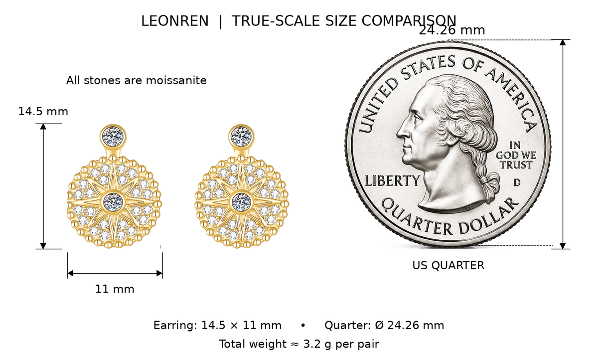 North Star Compass Drop Earrings size guide — shown true to scale beside a US quarter (24.26 mm): earrings measure 14.5 mm × 11 mm, total weight approx. 3.2 g per pair - LEONREN Jewelry
