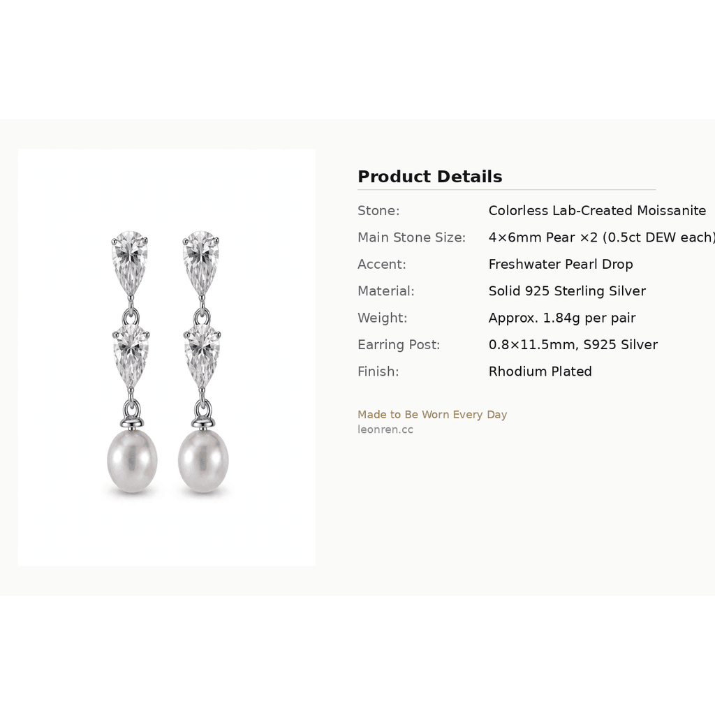 Pearl Drop Moissanite Earrings – Solid 925 Silver - LEONREN Jewelry