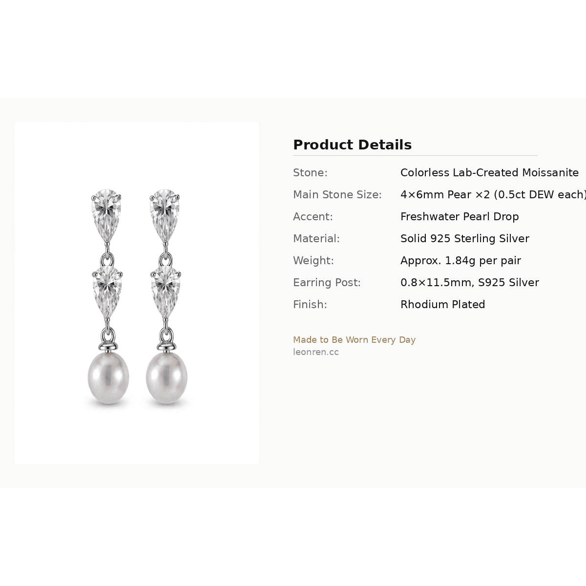 Pearl Drop Moissanite Earrings – Solid 925 Silver - LEONREN Jewelry
